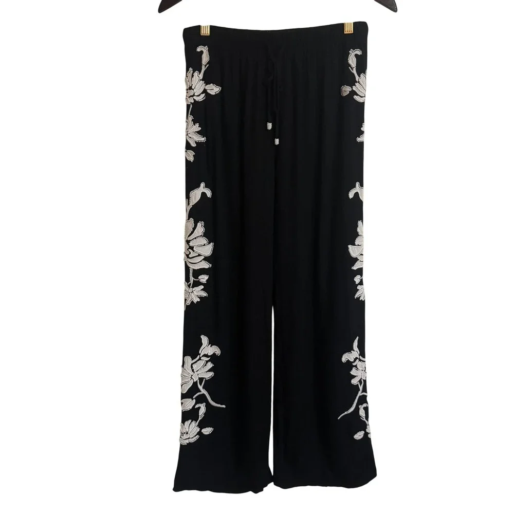 Zara Black Beaded Floral Embroidered Wide Leg Pants Size Small